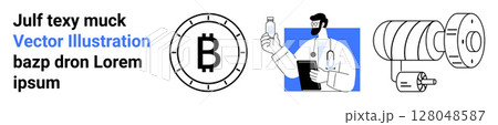 Bitcoin symbol, doctor holding bottle with clipboard, cylindrical machinery. Ideal for finance, healthcare, technology, engineering, digital assets, illustrations, icons Landing page 128048587