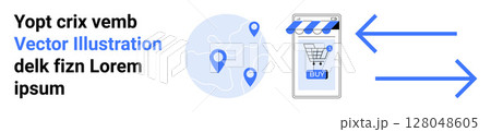 Blue map location pins, storefront with shopping cart, navigation arrows. Ideal for e-commerce, digital marketing, mobile apps, navigation systems, delivery services, online shopping, websites Blue map location pins, storefront with shopping cart, navigation arrows. Ideal for e-commerce, digital marketing, mobile apps, navigation systems, delivery services, online shopping, websites 128048605