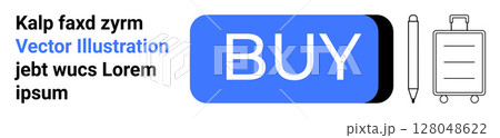 BUY button in blue with shadows, pen, and luggage. Ideal for e-commerce, travel booking, product page, online store, digital marketing, UX design, mobile interface. Landing page BUY button in blue with shadows, pen, and luggage. Ideal for e-commerce, travel booking, product page, online store, digital marketing, UX design, mobile interface. Landing page 128048622