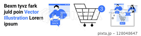 Shopper with cashback notification, empty shopping cart, checkout page display. Ideal for e-commerce, cashback promotions, online retail, shopping apps, payment gateways, digital marketing, UIUX 128048647