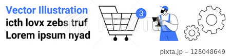 Shopping cart filled with three items, person holding clipboard, large gears. Ideal for e-commerce, inventory, management, logistics, online shopping, technology, business. Landing page Shopping cart filled with three items, person holding clipboard, large gears. Ideal for e-commerce, inventory, management, logistics, online shopping, technology, business. Landing page 128048649