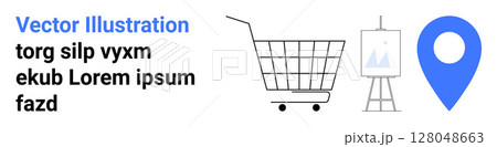 Shopping cart, easel with artwork, and blue map pin symbolizing commerce, creativity, and location. Ideal for retail, art, navigation, marketing, education, presentations, and planning Banner 128048663