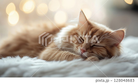 Fluffy ginger cat sleeping peacefully on a soft...のイラスト素材 [128048683 ...