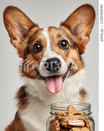 Happy Corgi dog with big ears sitting in front of a jar full of treats on a white background, looking excited and eager. Isolated studio shot. 128048690