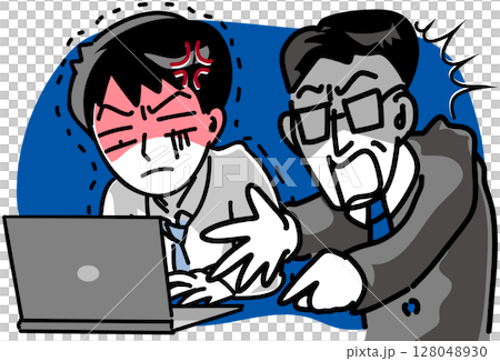 向量圖：一名新員工被中年老闆責罵後很生氣 128048930