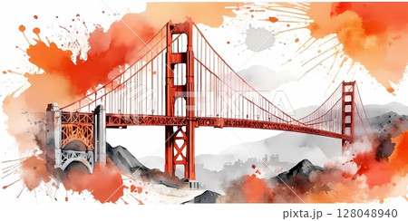 Golden Gate Bridge watercolor graffiti style on white background, perfect for t-shirt prints, wall art, posters Golden Gate Bridge watercolor graffiti style on white background, perfect for t-shirt prints, wall art, posters 128048940
