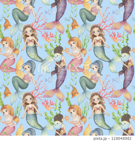 Watercolor Seamless pattern with cute mermaid 128048982