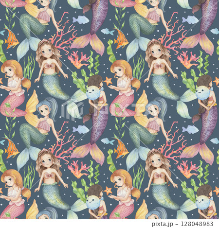 Watercolor Seamless pattern with cute mermaid 128048983