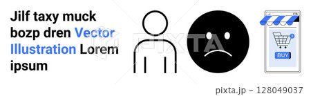 Stick figure and sad face emotion expressing frustration with online shopping cart store interface and buy button. Ideal for user experience, e-commerce, emotion, web design, marketing, tech issues 128049037