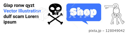 Scary face and crossbones, the word Shop in a speech bubble, and a set of keys to represent the security and protection of online shopping. Ideal for cybersecurity, online stores, e-commerce, digital Scary face and crossbones, the word Shop in a speech bubble, and a set of keys to represent the security and protection of online shopping. Ideal for cybersecurity, online stores, e-commerce, digital 128049042
