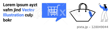 Cart icon inside blue speech bubble, large handbag with price tag, silhouette of person pointing and holding item. Ideal for e-commerce, retail, marketing, sales promotions, online stores, digital Cart icon inside blue speech bubble, large handbag with price tag, silhouette of person pointing and holding item. Ideal for e-commerce, retail, marketing, sales promotions, online stores, digital 128049044