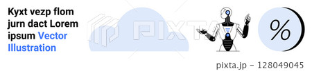 Abstract cloud, AI robot with hands raised, and percentage symbol in a blue circle. Ideal for technology, AI, analytics, innovation, data, finance, and cloud services. Landing page 128049045