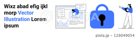 Data analysis charts and graphs, blue lock icon for security, female analyst pointing with tablet. Ideal for business intelligence, data analytics, security, tech companies, financial services Data analysis charts and graphs, blue lock icon for security, female analyst pointing with tablet. Ideal for business intelligence, data analytics, security, tech companies, financial services 128049054