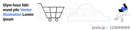 Shopping cart, cloud symbol, seated person working on laptop. Ideal for e-commerce, cloud services, remote work, online shopping, digital marketing, technology, telecommuting. Landing page 128049069
