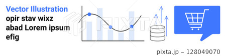 Shopping cart icon, bar graph, line chart, database symbol. Ideal for data analysis, e-commerce, market trends, business insights, online retail, financial growth, tech startups. Landing page Shopping cart icon, bar graph, line chart, database symbol. Ideal for data analysis, e-commerce, market trends, business insights, online retail, financial growth, tech startups. Landing page 128049070