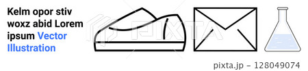 Shoe, envelope, flask with blue liquid, and text overlay in black, white, and blue. Ideal for website design, product illustration, education, science communication, e-commerce, advertising Shoe, envelope, flask with blue liquid, and text overlay in black, white, and blue. Ideal for website design, product illustration, education, science communication, e-commerce, advertising 128049074