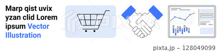 Shopping cart icon, handshake graphic, and data analysis chart. Ideal for eCommerce, partnerships, analytics, business growth, financial reports, market research, sales. Landing page Shopping cart icon, handshake graphic, and data analysis chart. Ideal for eCommerce, partnerships, analytics, business growth, financial reports, market research, sales. Landing page 128049099