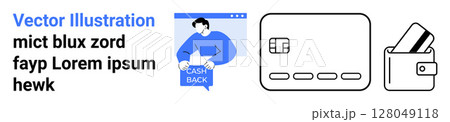 Man holding cashback sign, credit card with chip, and wallet with cards. Ideal for e-commerce, finance apps, banking, rewards programs, online shopping, mobile wallets, digital payments. Landing page 128049118