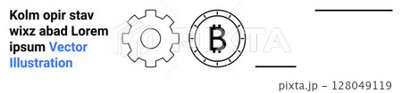 Gear symbol, Bitcoin coin with B icon inside circle, and placeholder text. Ideal for cryptocurrency concepts, technology promotion, digital finance, blockchain explanations, fintech startups, banking 128049119