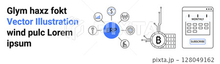 Central ERP hub with connected icons graph, dollar, team, gear and cryptocurrency. Calendar with subscribe button. Ideal for finance, software, organization, planning, technology, business 128049162