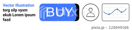 Blue buy button, user profile icon, and line chart with data points. Ideal for e-commerce, user interface, financial reports, online shopping, analytics, web design, dashboard. Landing page 128049166
