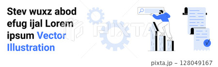 Graphs, gears, and search elements signify analytics and data tracking. Ideal for business growth, project management, data analysis, strategy development, technology, productivity tools. Landing 128049167