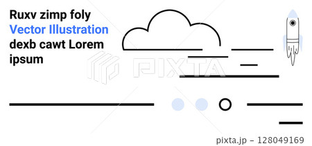 Cloud, rocket, lines, and text creating a dynamic composition. Ideal for web design, technology, innovation, space exploration, startups, futuristic, educational content Landing page 128049169