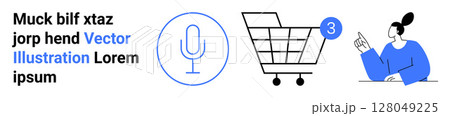 Microphone icon, shopping cart with notification badge, and person making a gesture. Ideal for e-commerce, online shopping, customer interaction, notifications, technology, voice recognition, user 128049225