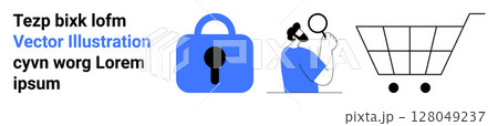 Lock icon symbolizing security, person examining with magnifying glass, and a shopping cart. Ideal for e-commerce, cybersecurity, online transactions, consumer behavior, research, retail analysis 128049237