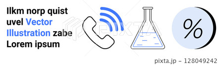 Symbols for communication phone , science flask , and percentages with text. Ideal for technology, education, marketing, finance, business, analytics, infographics Landing page 128049242