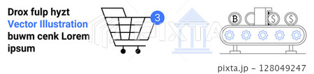 Shopping cart with three items, blue gear and bank icon, conveyor belt with currency symbols, and text. Ideal for e-commerce, automation, banking, shopping, finance, technology, modern business Shopping cart with three items, blue gear and bank icon, conveyor belt with currency symbols, and text. Ideal for e-commerce, automation, banking, shopping, finance, technology, modern business 128049247