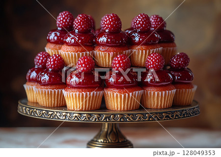 Various cakes in Cherry Red tones on dessert stand with soft lighting. 128049353