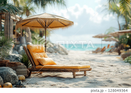 Summer memories. Umbrella and chairs set up on sand in beach of ocean. 128049364