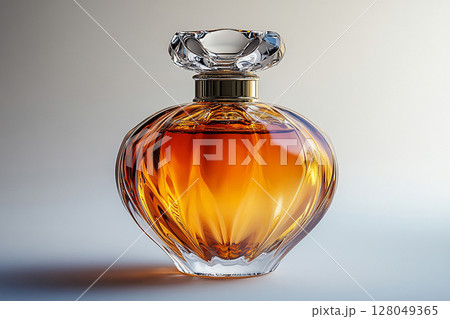 Perfume bottle with glossy on its glass surface, conveying elegance and sophistication. Ideal for high-end perfume advertisements. 128049365