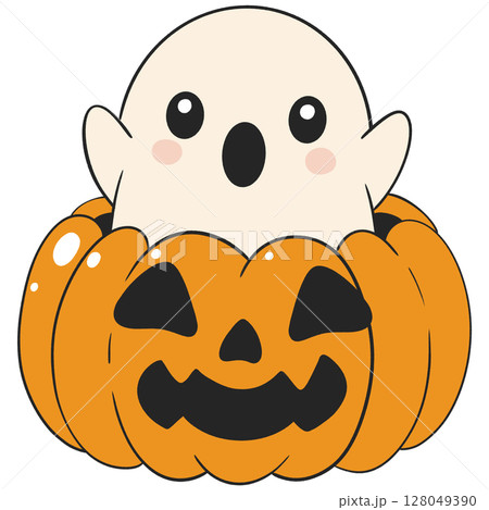 halloween cute ghost popping out of a jack o lantern in flat cartoon style, fun and playful halloween art for kids 128049390