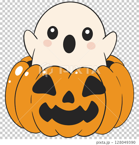 halloween cute ghost popping out of a jack o lantern in flat cartoon style, fun and playful halloween art for kids 128049390