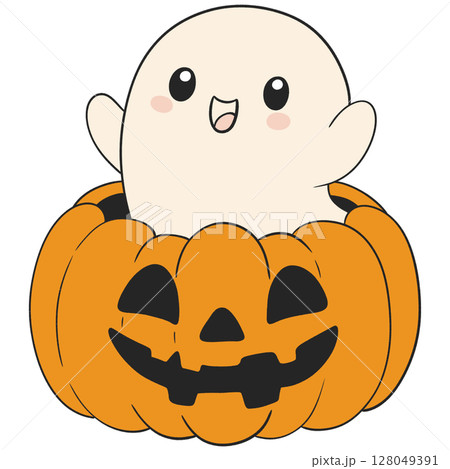 halloween cute ghost popping out of a jack o lantern in flat cartoon style, fun and playful halloween art for kids 128049391
