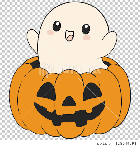 halloween cute ghost popping out of a jack o lantern in flat cartoon style, fun and playful halloween art for kids 128049391