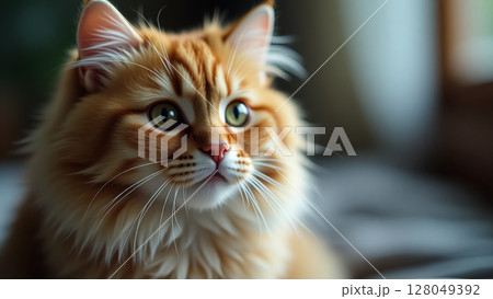 Striking Green Eyed Fluffy Cat Portrait 128049392