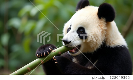 Adorable Panda Bear Enjoying Bamboo Meal Close-up 128049396