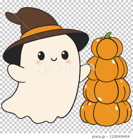 halloween cute ghost with a stack of pumpkins in flat cartoon style, playful design for october and fall themes 128049404