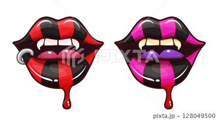 Vampire Lips Vector Set, Realistic Mouth with Fangs, Piercing and Dripping Blood, Gothic Fashion Style, Halloween Theme Graphic, Dark Aesthetics Design, Fantasy Artwork, Sticker Label 128049500