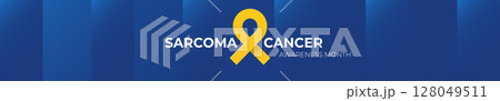 Sarcoma cancer awareness month concept horizontal wide banner design template with yellow ribbon and text isolated on blue background. July is Sarcoma cancer awareness month vector flyer or poster Sarcoma cancer awareness month concept horizontal wide banner design template with yellow ribbon and text isolated on blue background. July is Sarcoma cancer awareness month vector flyer or poster 128049511