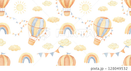 Seamless pattern with watercolor vintage hot air balloon with flags garland and rainbow. Hand drawn illustrations for children and baby in beige colors. 128049532