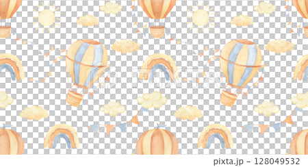 Seamless pattern with watercolor vintage hot air balloon with flags garland and rainbow. Hand drawn illustrations for children and baby in beige colors. 128049532