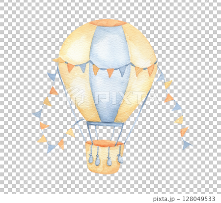 Watercolor vintage hot air balloon with flags garland. Hand drawn isolated illustration for children. Cute drawing 128049533