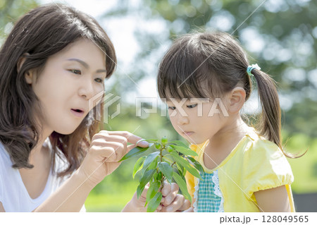 公園でどんぐりを見つめる母と娘 128049565
