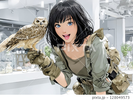 フクロウカフェで梟と戯れる女性のイラスト素材 128049573