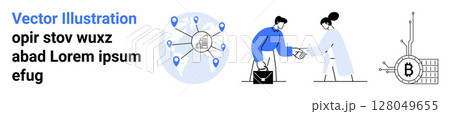Two people shaking hands, a map with pins connecting locations, and Bitcoin mining visuals. Ideal for business networking, partnership, cryptocurrency, financial services, technology, marketing 128049655