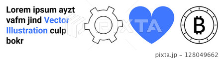 Gear, blue heart, Bitcoin symbol, surrounded by placeholder text Lorem Ipsum. Ideal for technology, finance, cryptocurrency, blockchain, digital currency, innovation, web design Landing page Gear, blue heart, Bitcoin symbol, surrounded by placeholder text Lorem Ipsum. Ideal for technology, finance, cryptocurrency, blockchain, digital currency, innovation, web design Landing page 128049662